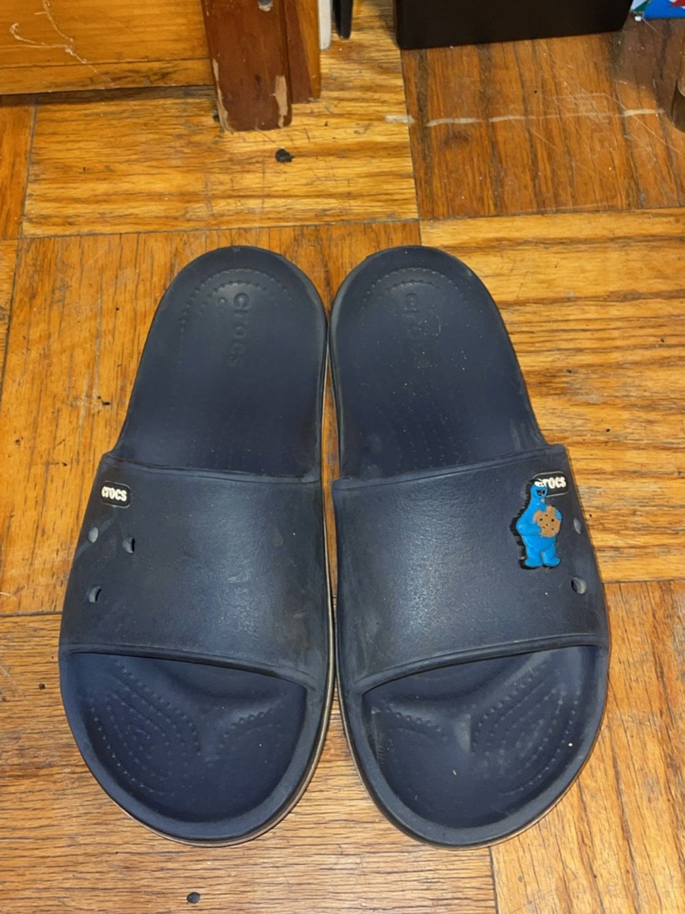 CROCS Navy Slide Sandals with Cookie Monster Charm